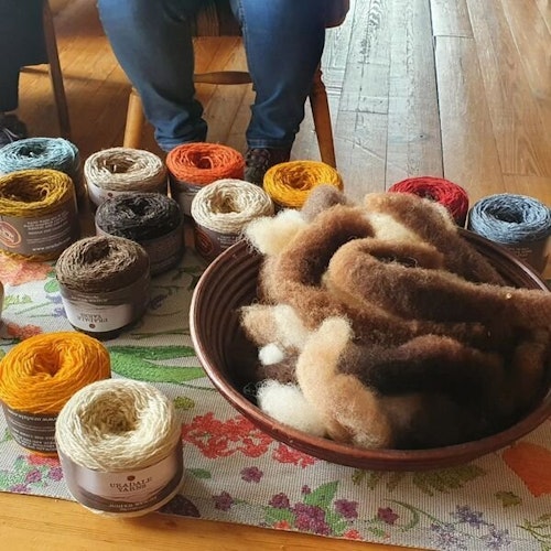 Rolls of yarn and wool in a Shetland shop